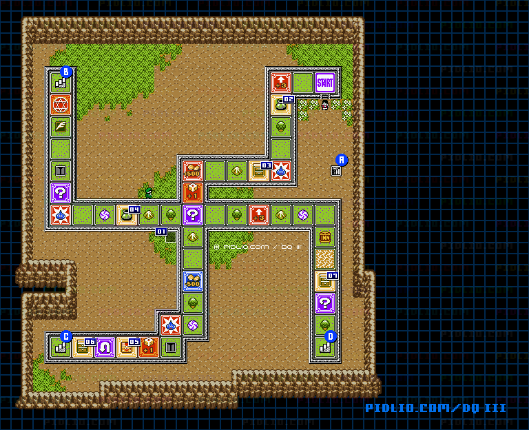 第3のすごろく場・2階すごろく場フロア1のマップ画像 ／ GB版ドラゴンクエスト3攻略 ─ pidlio.com