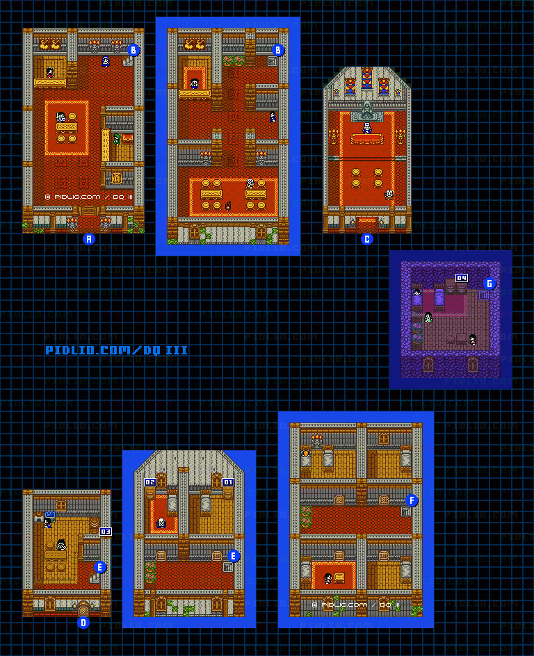 アリアハン城下町・屋内のマップ画像 ／ GB版ドラゴンクエスト3攻略 ─ pidlio.com