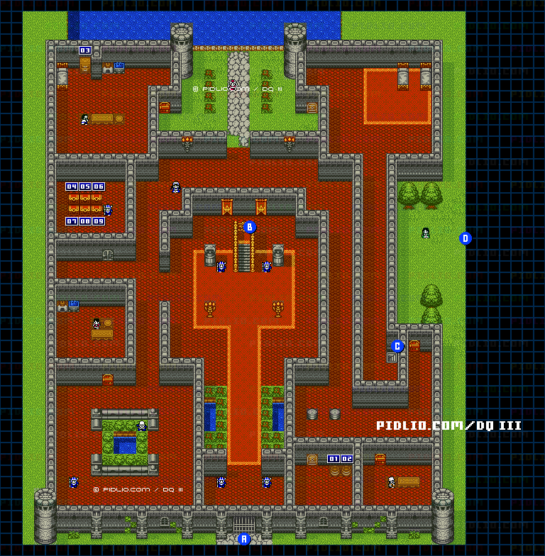 アリアハンの城・城内1階のマップ画像 ／ GB版ドラゴンクエスト3攻略 ─ pidlio.com