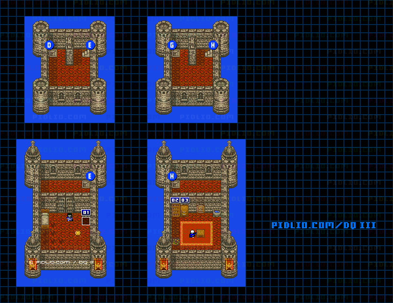 ロマリア城・東西の塔のマップ画像 ／ GB版ドラゴンクエスト3攻略 ─ pidlio.com