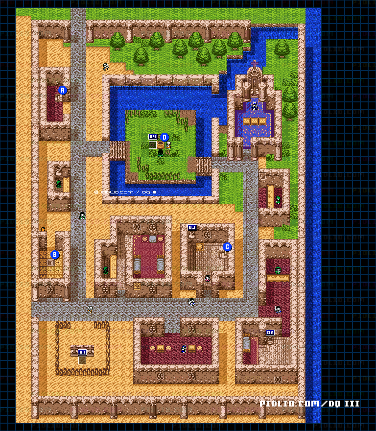 イシス城下町・屋外のマップ画像 ／ GB版ドラゴンクエスト3攻略 ─ pidlio.com