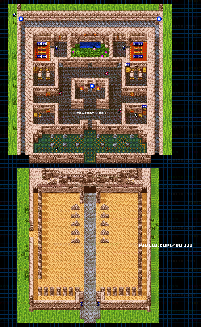 イシスの城・城内1階のマップ画像 ／ GB版ドラゴンクエスト3攻略 ─ pidlio.com