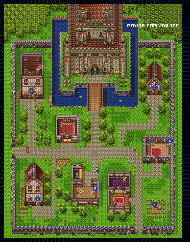 アリアハン城下町・屋外のマップ画像 ／ SFC版ドラゴンクエスト3攻略 ─ pidlio.com