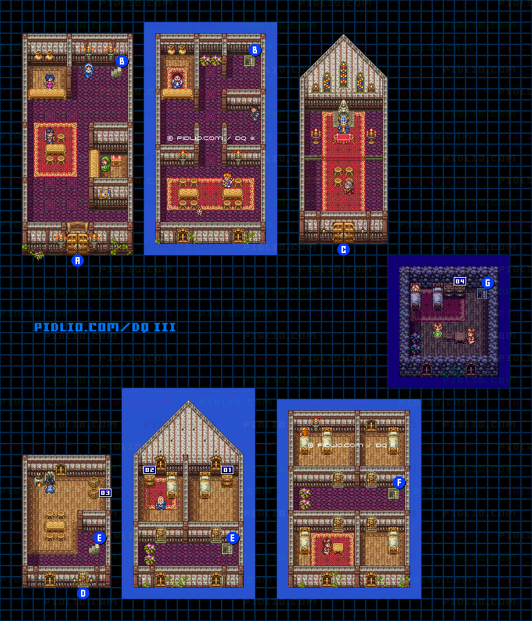 アリアハン城下町・屋内のマップ画像 ／ SFC版ドラゴンクエスト3攻略 ─ pidlio.com