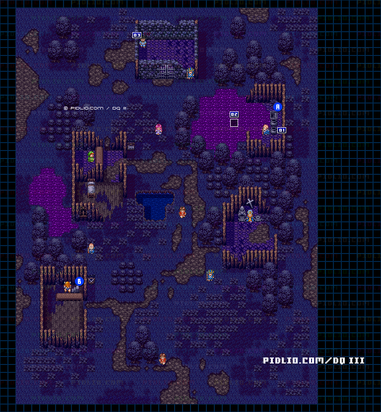 テドンの村・屋外のマップ画像 ／ SFC版ドラゴンクエスト3攻略 ─ pidlio.com