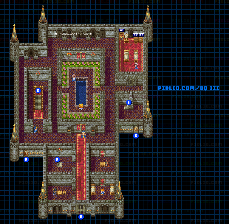 エジンベアの城・城内1階のマップ画像 ／ SFC版ドラゴンクエスト3攻略 ─ pidlio.com