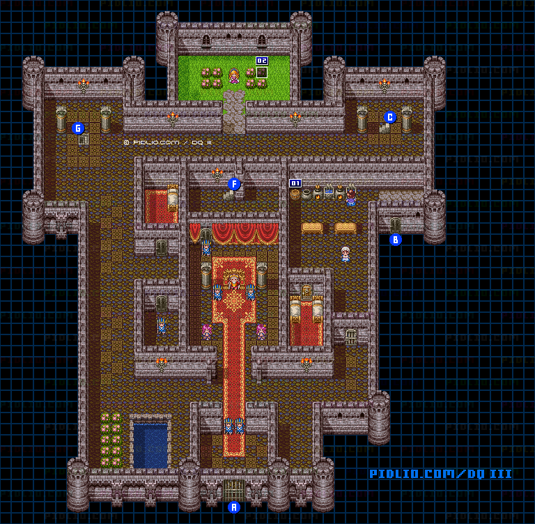サマンオサの城・城内1階のマップ画像 ／ SFC版ドラゴンクエスト3攻略 ─ pidlio.com